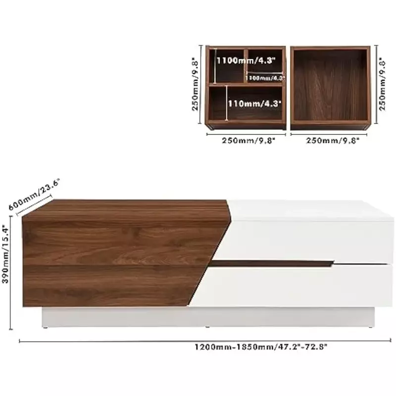 Piano scorrevole estensibile per tavolino da caffè per scatole mobili + 4 spazi divisori camera da letto multifunzionale per ufficio, bianco/noce (rettangolo)