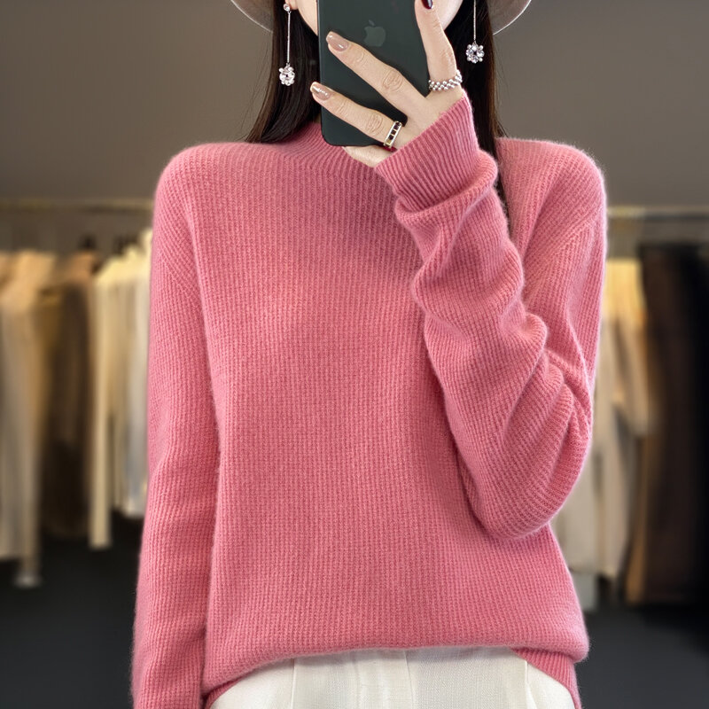 Sweater rajutan dua sisi wanita, baju Sweater setengah leher tinggi, lengan panjang 2023 musim gugur/musim dingin baru longgar ramping wol murni