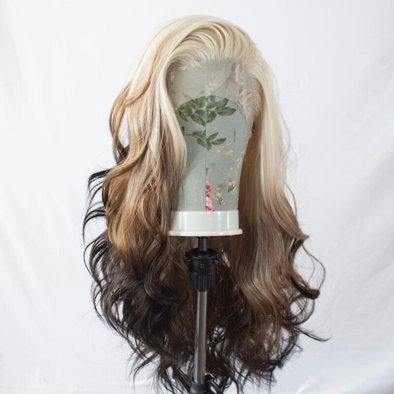 QW Ombre parrucca sintetica in pizzo biondo lungo parrucche anteriori in pizzo onda del corpo per le donne attaccatura dei capelli naturale bionda/marrone parrucca sintetica uso