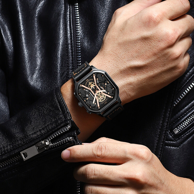 Poedagar Mode Männer Armbanduhren Luxus Chronograph leuchtend wasserdicht Datum Mann Uhr quadratisches Zifferblatt Leder Quarz Herren uhren