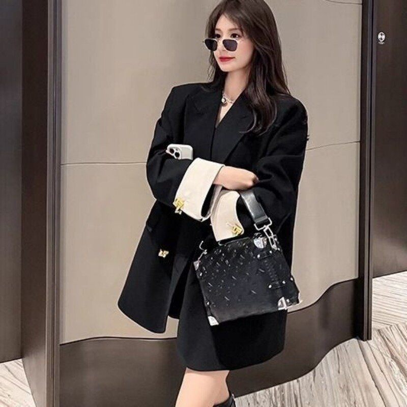 Blazer nero di lusso Mujer doppiopetto maniche lunghe giacca autunnale cappotto coreano Chic tasca ufficio abbigliamento donna nuovo