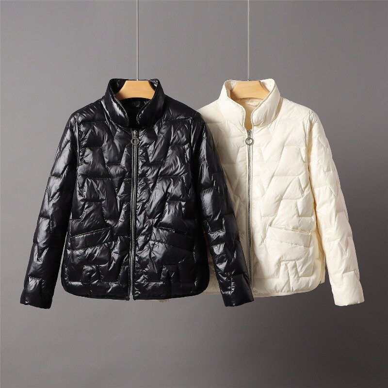 Jaqueta de pato branco de gola Stand feminino, casacos simples, leve, blusão curto, monocromática, Q497, outono, inverno, 2024
