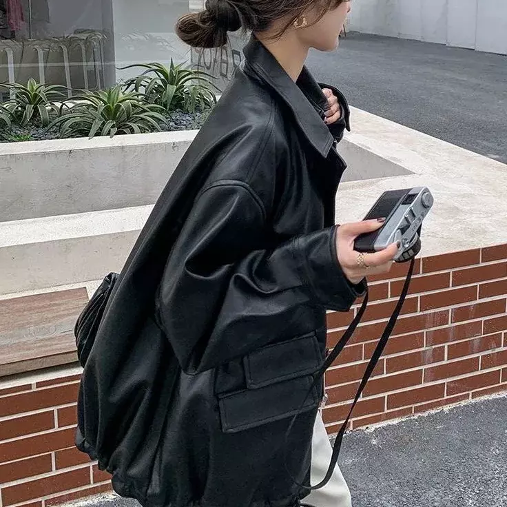 Spring Autumn Oversized Casual Waterproof Black Soft Pu Leather Jacket Women with Drop Shoulder Long Sleeve Fashion 2023