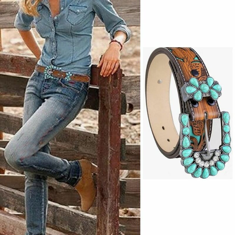 Cinturones de campo turquesa, accesorios de vestir de estilo Vintage, cinturón de cuero con diamantes de imitación, cinturón con grabado Floral