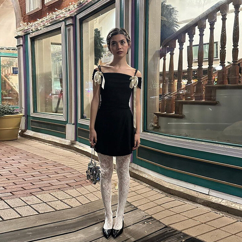 Gaun Prom wanita pita gaun pesta Mini pendek musim panas tanpa lengan bergaris gaun rok pakaian jalanan hitam putih stok tersedia