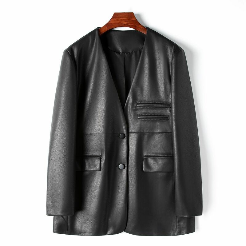 2024 New Women Genuine Sheepskin Leather Jacket V-neck Casual Mid-length Real Leather Jacket H4