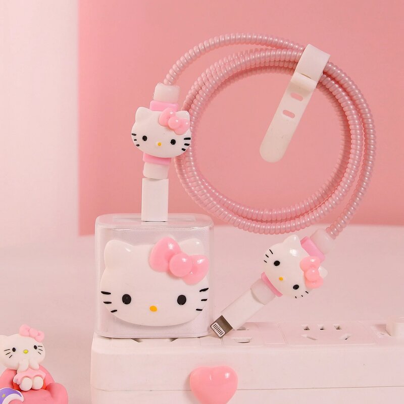 Sanrio Anime Anti Breaking Apple Data Cable Protective Case Mobile Phone 18/20W Charger Winding Rope Hello Kitty Decorative Gift