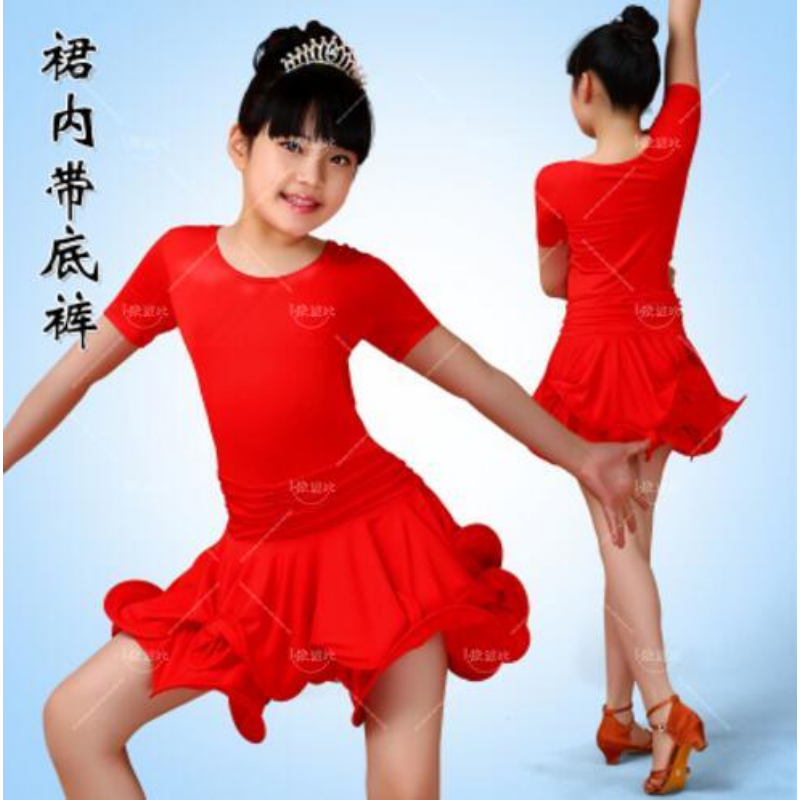 Girls Cheap Black Red Ballroom Tango Latin Dance Costumes Junior Children Kids Competition Salsa Latin Dance Dress for Sale