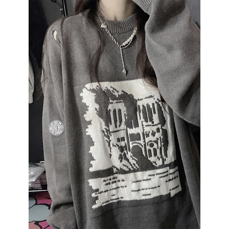 Deeptown Grunge Gothic Grey Sweater Women Harajuku Hollow Out Graphic Jumper Oversize Retro Streetwear Pullover Knitted Top Punk