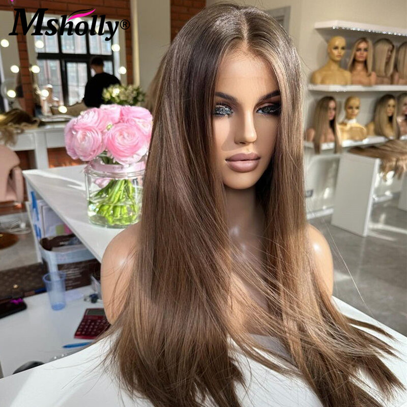 Sophia-Perruque Lace Front Brésilienne Naturelle, Cheveux Lisses, Pre-Plucked, Couleur Brun Chocolat, 13x4, à Reflets