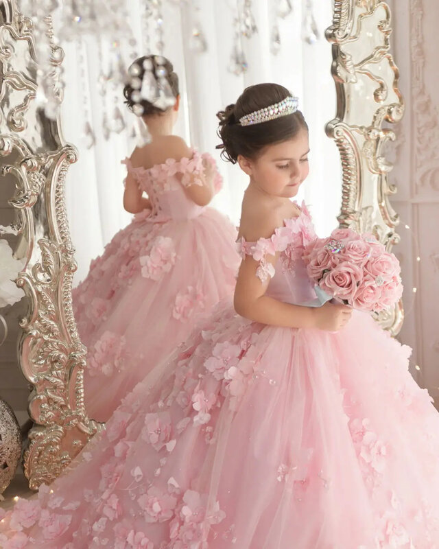 핑크 3D 아플리케 꽃 소녀 원피스, 결혼식용 오프숄더, 고급스러운 진주, 얇은 명주 그물, 어린이 첫 성체 생일 파티 원피스