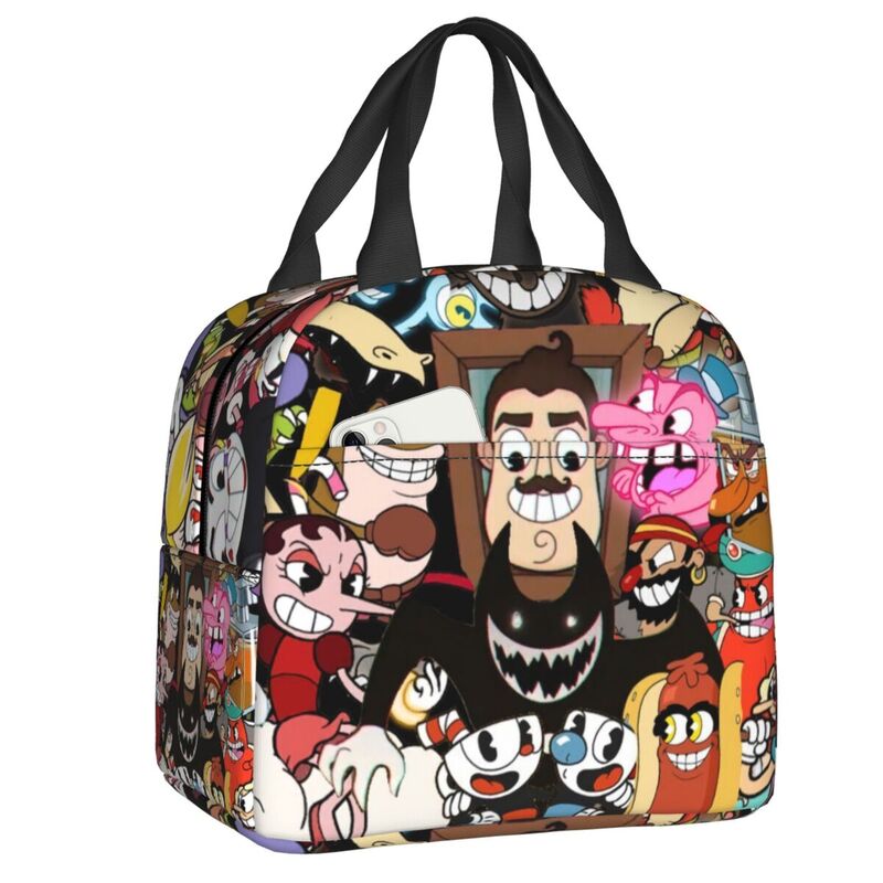 Hot Game Cartoon Cuphead Mugman Lunch Bags Women Cooler Thermal Insulated Lunch Box for School Office Outdoor Picnic Food Bags
