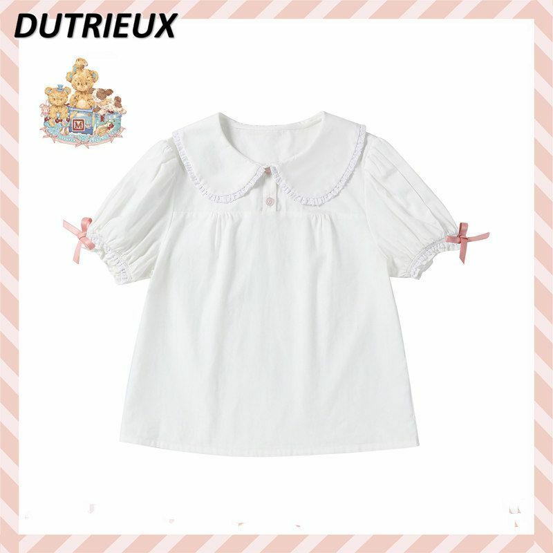 Летняя милая блузка в японском стиле с пышными короткими рукавами и кукольным воротником, Универсальные однотонные базовые рубашки для женщин