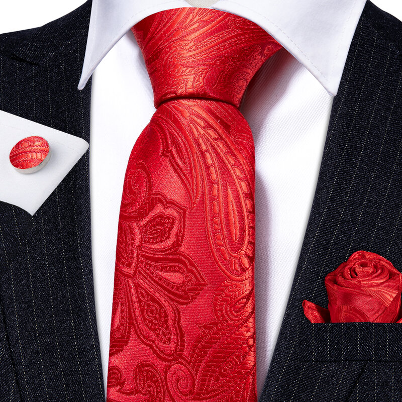 Fashion Silk Men Tie Set Red Burgundy Solid Paisley Striped Plaid Floral Necktie Handkerchief Cufflinks Wedding Business