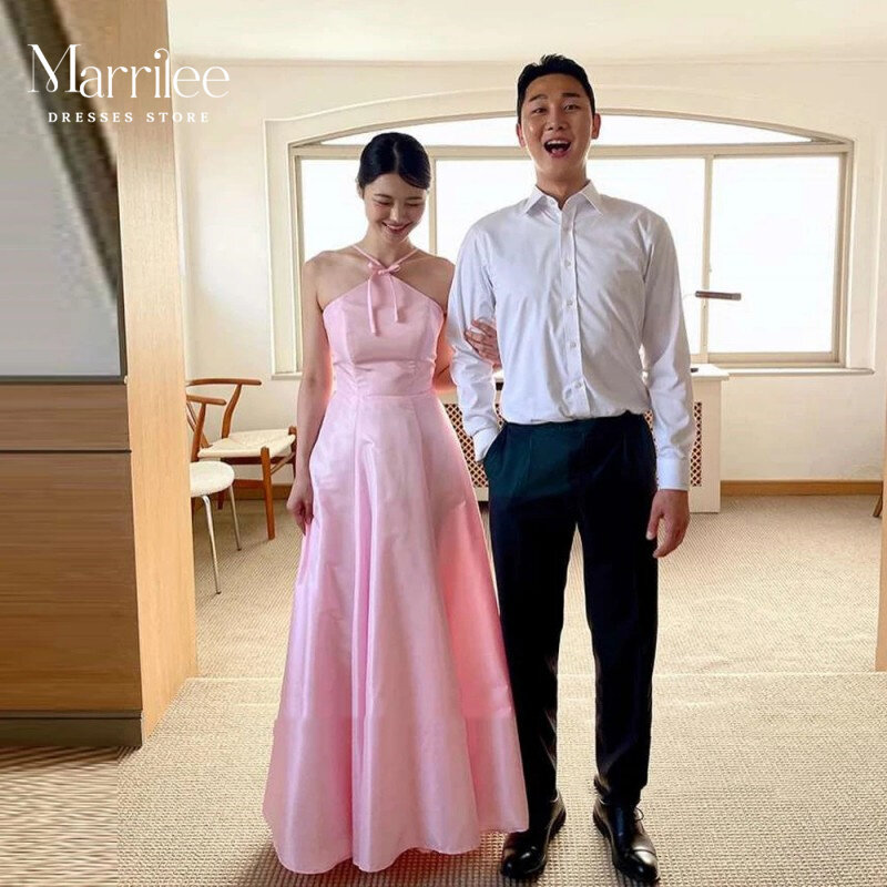 Eenvoudige Korea Roze Jurken Vrouw Luxe Avondjurken Trouwfeest Fotoshoot Halter Vloerlengte Korset Rug Galajurken 2024
