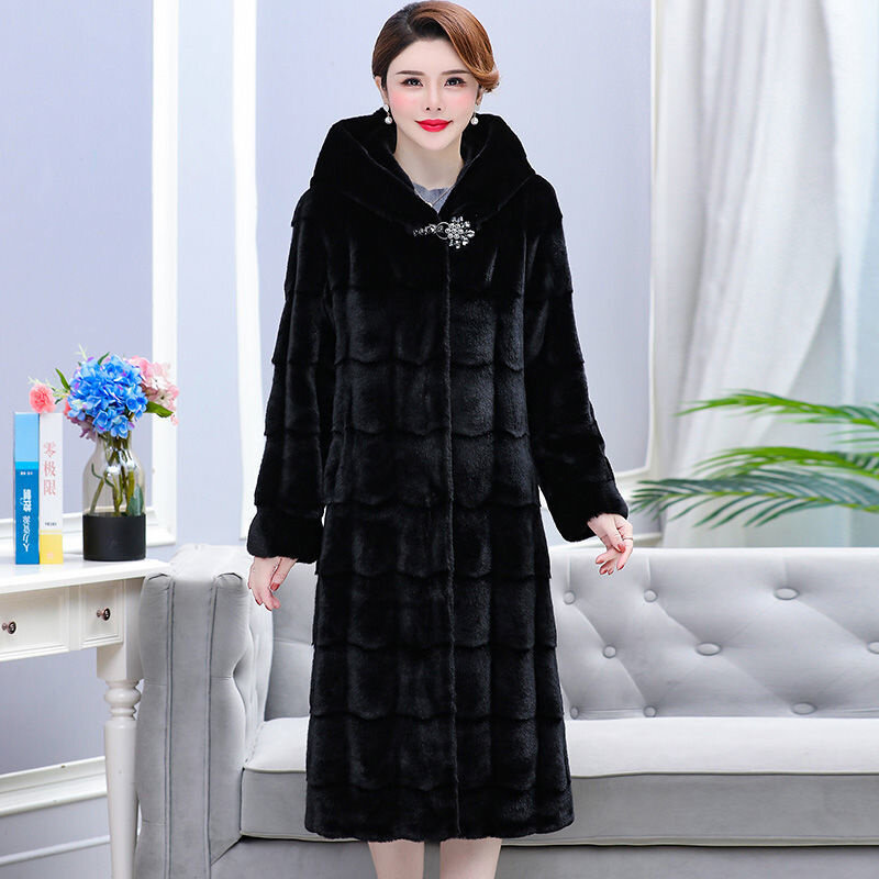 Высококачественное меховое пальто, женское длинное зимнее пальто, пальто из искусственной норки с капюшоном, толстая парка для мам среднего возраста, новинка 2022