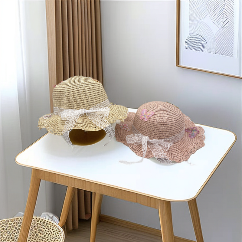 Children's Clothing Matching Two-piece Set Lace Tie Bow Fisherman Hat Woven Hat + Mini Crossbody Straw Coin Bag One Shoulder Bag