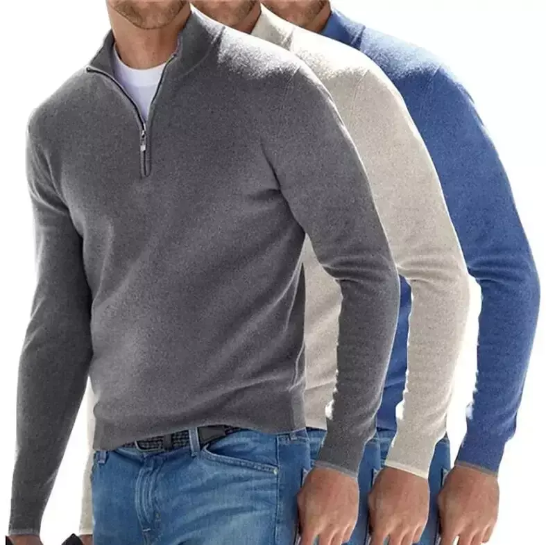 New Fall Long-sleeved V-neck Fleece Zip Men's Casual Sweater Top Polo Shirt Solid Color Elastic Slim Warm Sweater