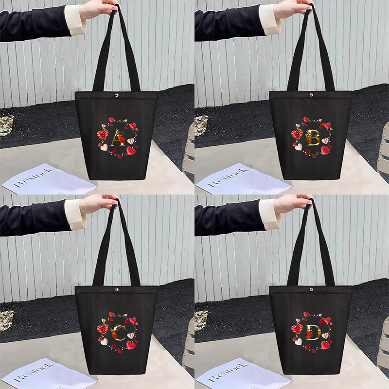 Love Letter Pattern Printed Black Canvas Bag Women's Handbag Reusable Foldable Large Capacity Shoulder Bag