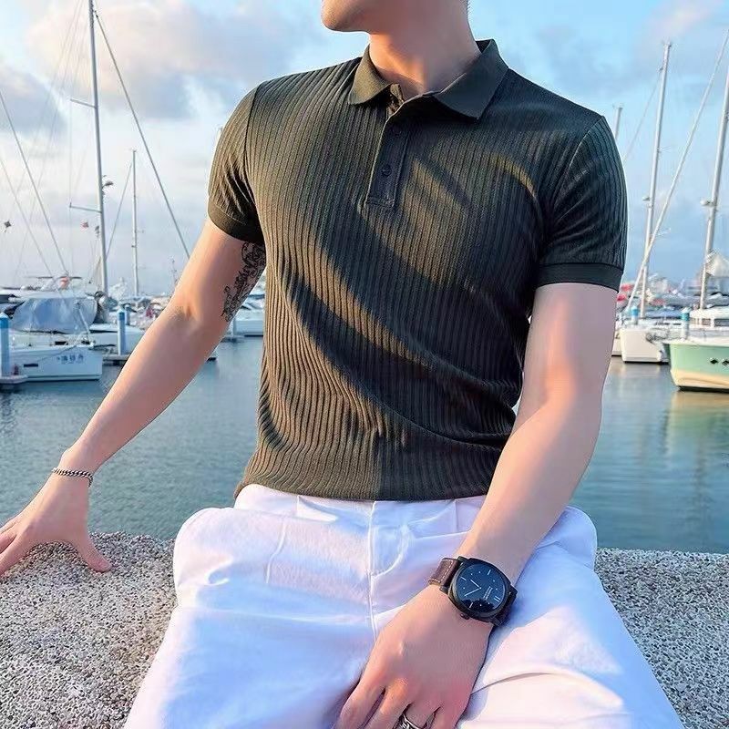 Camisa polo de malha de luxo masculina, casual listrada, com botão baixo, cor sólida, manga curta, roupa respirável, verão, novo, 2024