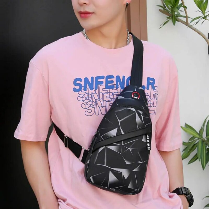 Men Crossbody Bag Geometric Print Adjustable Strap Sling Bag Casual Oxford Cloth Sports Single Shoulder Sling Phone Pouch