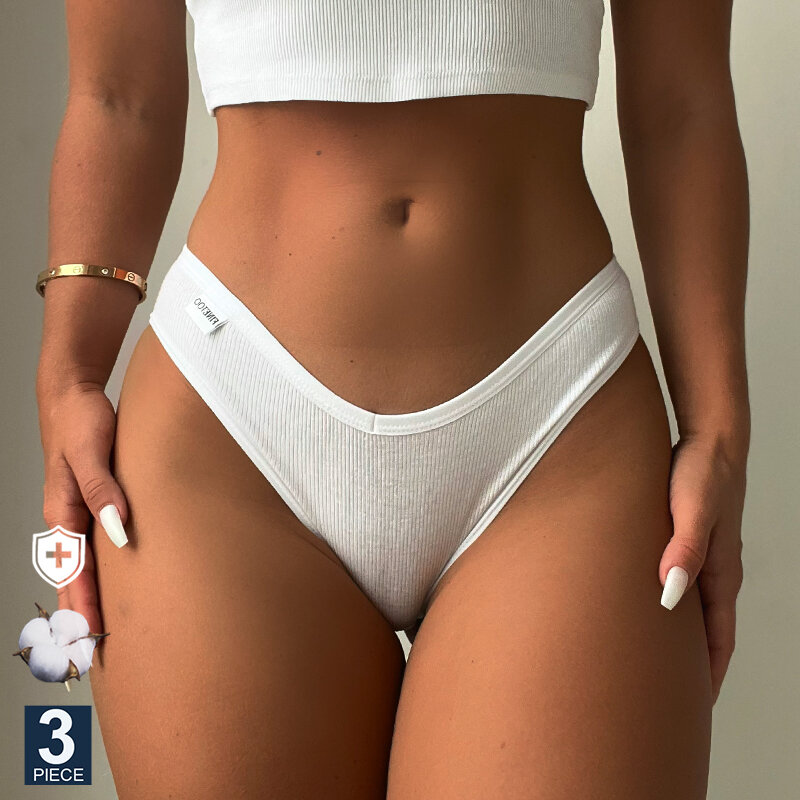 FINETOO-bragas de algodón de talla grande para mujer, ropa interior Sexy de M-4XL, lencería de cintura en V, 3 uds./Set