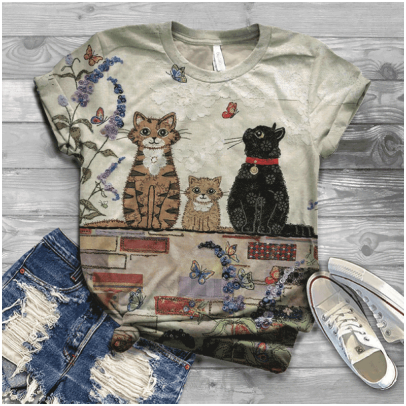 Camiseta de manga curta de gato feminino, moda verão, desenho 3D, camiseta top casual diário