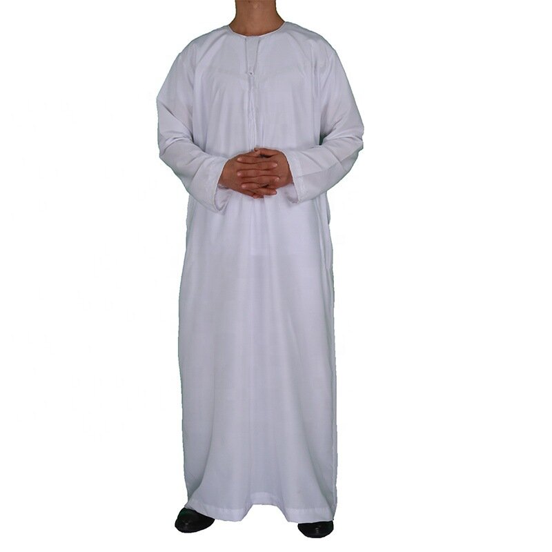 Moda musulmana uomo Jubba Thobe manica lunga colore bianco girocollo arabo islamico caftano uomo Abaya abbigliamento islamico