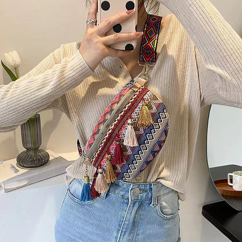 Women Ethnic  Style Waist Bags With Adjustable Strap Variegated Color Fanny Pack with Fringe Decor Crossbody Chest Bags