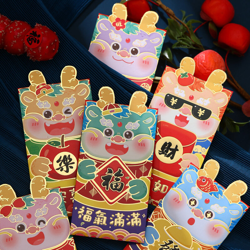 Sobres Rojos de dragón Hongbao para año nuevo, bolsa de regalo de dibujos animados, Festival de Primavera, bolsillos rojos, paquetes de dinero de la suerte, 2024, 6 unids/set