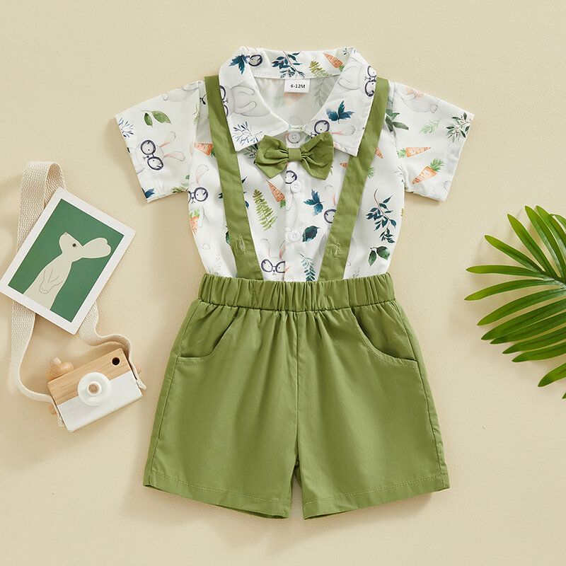 Baby Boy Summer Clothes Gentleman Outfit Short Sleeve Rabbit Print Romper Suspender Shorts Infant Easter 2PCS Set