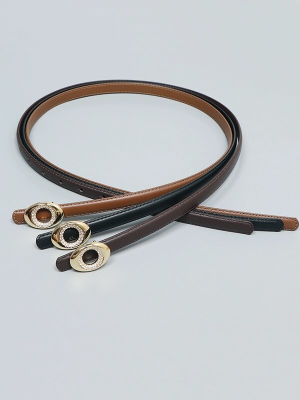 Cinturón elegante de cuero genuino con diamantes de imitación para mujer, cinturilla delgada, hebilla de aleación ajustable, cinturón para vestido