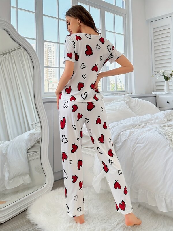 Pijama de manga curta com gola redonda feminina, top e calça fina, conjunto casual para roupas domésticas, pijamas estampados amor, moda primavera e verão