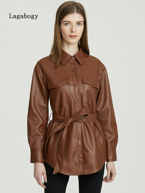 Nowa jesienna damska PU Faux Leather Lagabogy kurtka płaszcz w stylu Vintage z długim rękawem bluzka koszula skórzana kurtka damska odzież wierzchnia eleganckie koszule