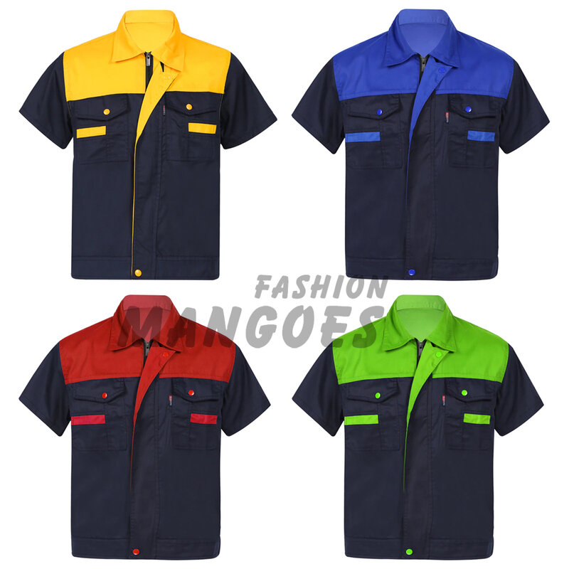 Motormonteur Uniform Voor Heren Color Block Korte Mouw Werkshirt Turn-Down Kraag T-Shirts Kosten Man Workshop Uniformen S-4XL