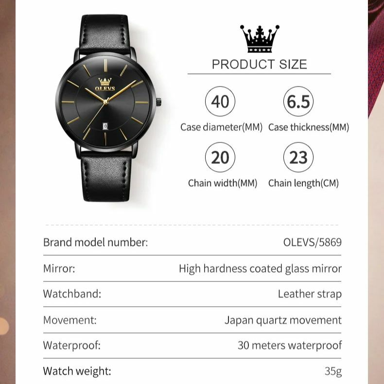 OLEVS-Men's Waterproof Leather Strap Quartz Watch, Premium Business Watch, Ultra Fino, 6.5mm, Date Dial, Luxo, Elegante, 5869