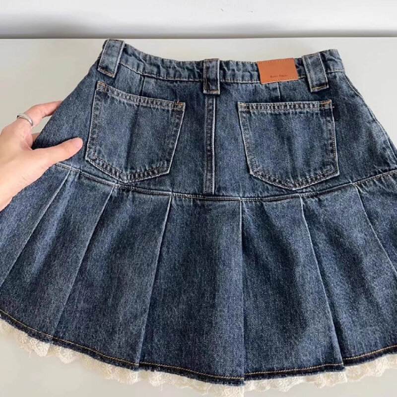 Deeptown Vintage Denim Skirt Sweet Women Mini Skirts Lace Retro Y2K Patchwork Pleated Blue Casual Korean Streetwear Short Skirt