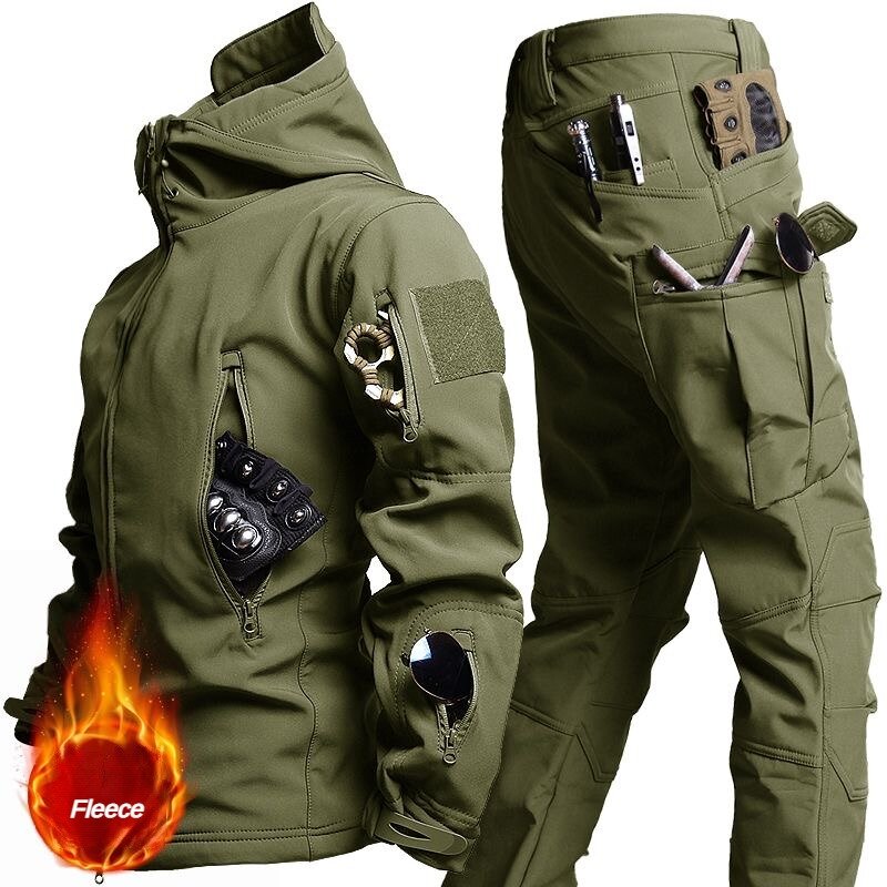 Тактический зимний мужской комплект, ветрозащитный водонепроницаемый костюм в стиле милитари, куртка с капюшоном из мягкой кожи с несколькими карманами, рабочие брюки из Акульей кожи