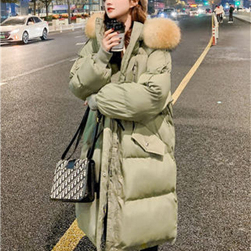 Mantel panjang bertudung wanita, mantel parka longgar warna hijau, mantel hangat berlapis katun musim dingin