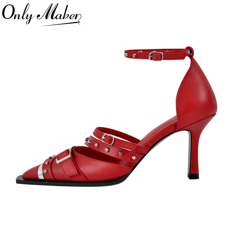 Onlymaker รองเท้าส้นสูงหัวแหลมสีแดงบางสำหรับผู้หญิง, รองเท้าส้นสูงออกงานชุดเดรสปาร์ตี้งานราตรีหัวเข็มแบบหัวเข็มขัดขนาดใหญ่