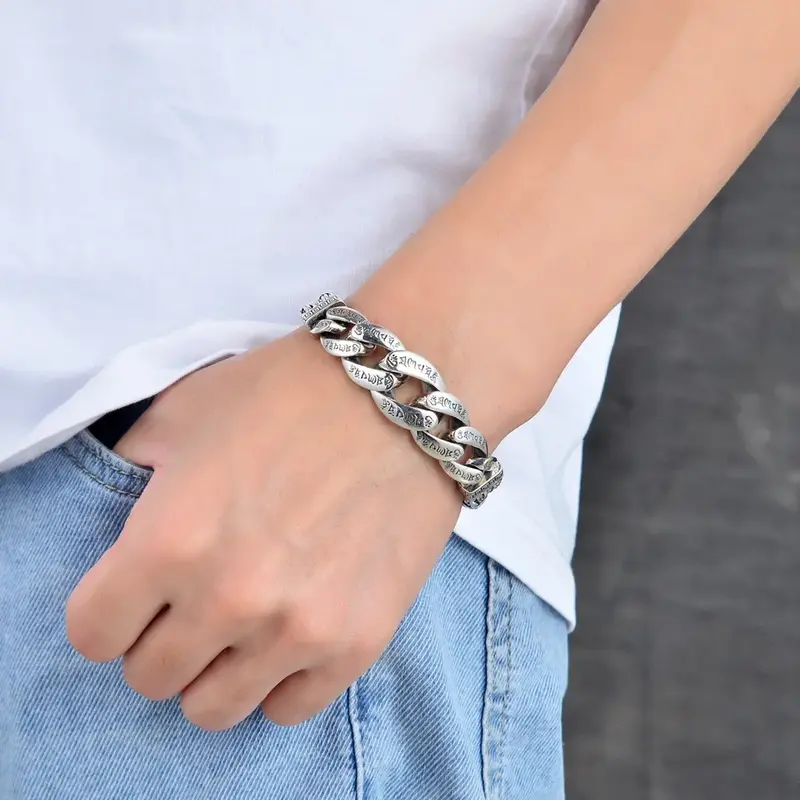 UMQ-pulsera de plata de ley S925 para hombre, brazalete tejido con Mantra de seis caracteres, cadena de personalidad Retro, certificada, Original