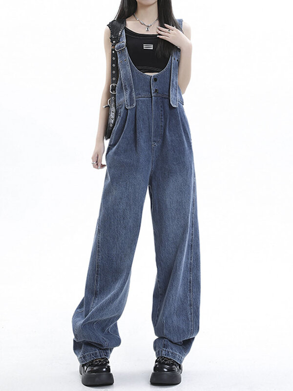 Женский джинсовый комбинезон на бретелях Y2k, винтажная уличная одежда, широкие брюки с дырками, повседневный мешковатый джинсовый комбинезон