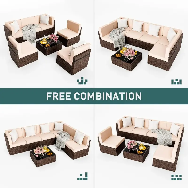 Sofá secional do pátio de vime ao ar livre, mobília do Rattan ajustada com mesa de café, modular, 7 partes