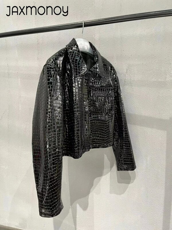 Jaxmonoy giacca da donna in vera pelle 2023 primavera modello coccodrillo cappotto in vera pelle nero Vintage autunno capispalla femminile