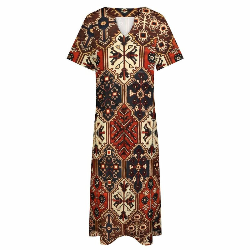 Tribal gaun etnik Vintage musim panas, gaun Maxi pantai motif tambal sulam, Gaun panjang kasual modis leher V pakaian grafis ukuran besar