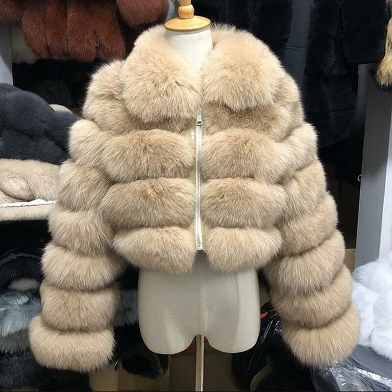 Corte de pele do falso casaco curto outono inverno turn down collar pelúcia falso pele de raposa casaco feminino casacos de pele quente vestes chaqueta