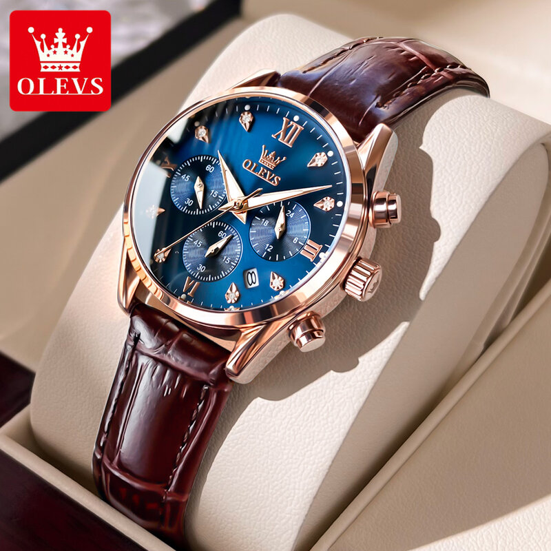 OLEVS-Luxo cronógrafo relógio de quartzo feminino, pulseira de couro, impermeável calendário luminoso, marca top, moda relógio