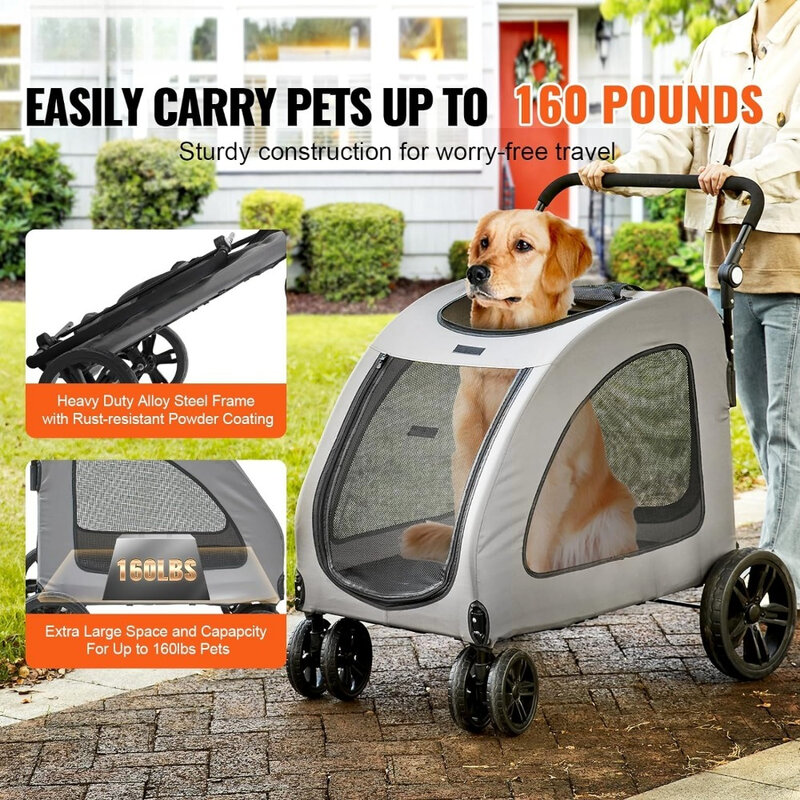 Extra Large Dog Stroller for Dogs Up to 160lbs, 4 Wheel Handle-Adjustable Pet Stroller, Dog Jogging Carriage Stroller for 2 Dogs