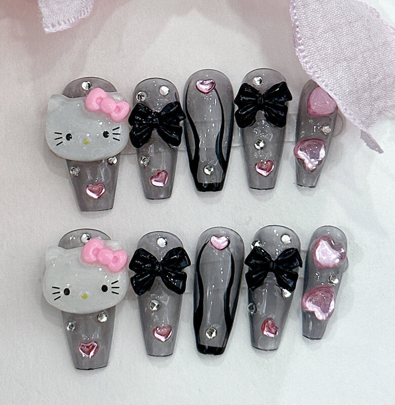 Fashion Cartoon Artifical Press on Nails Hello Kitty Kuromi Pochacco Duck-bill Shape Luxury Diamond Detachable Full Cover Nails