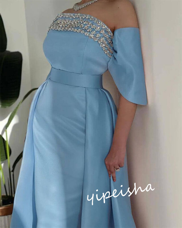 Gaun panjang payet Jiayigong PromSatin gaun acara bahu terbuka A-line ulang tahun gaun acara Bespoke